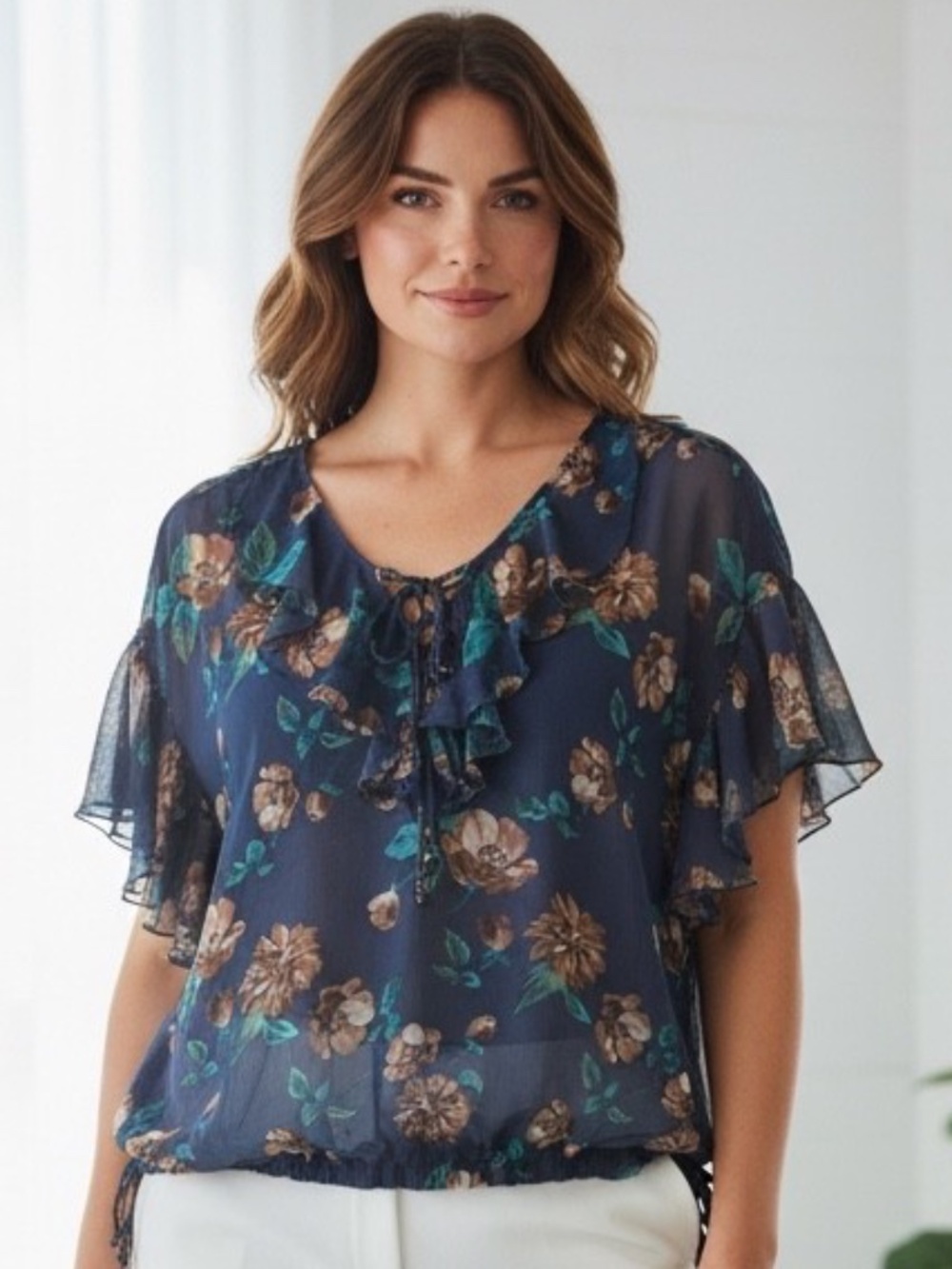 Jessica Simpson 2 pc Sheer ruffle sleeve top with solid blue camisole 1X